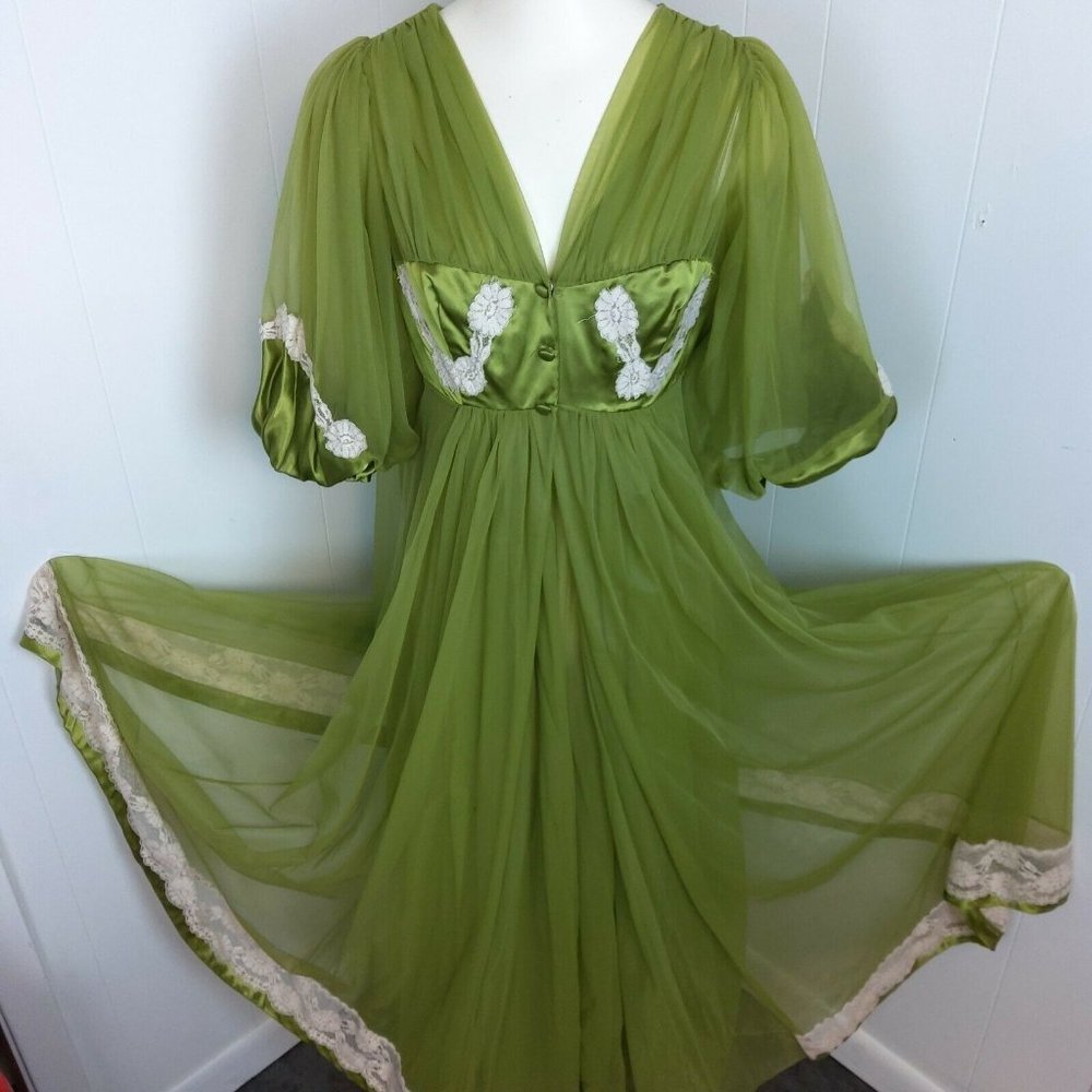 Incredible Vtg 2 Pc 100% Nylon Tricot Peignoir Nightgown & Robe Set Green Lace - Picture 4 of 12